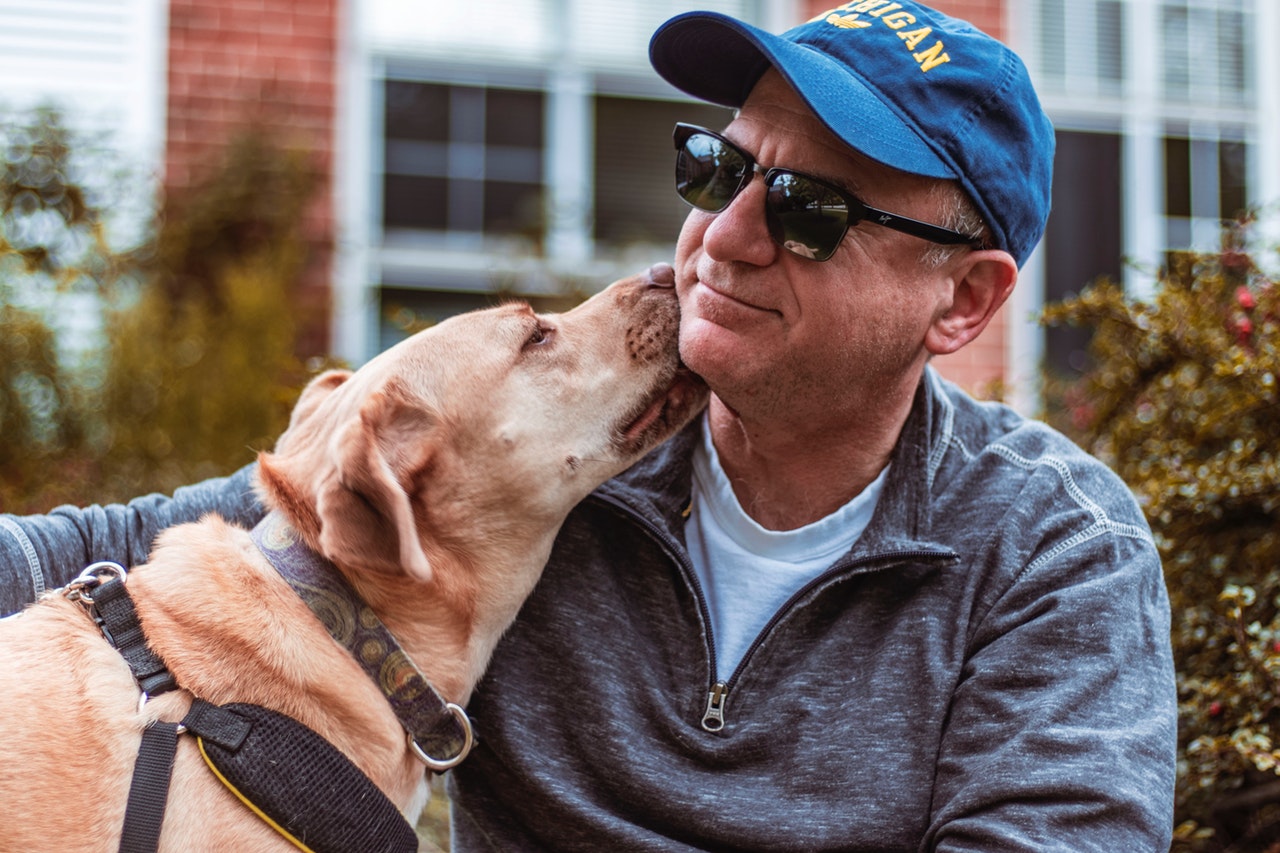 Dog licking man's face Dog licking man's face