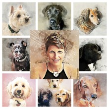 Collage featuring Bev Evans and several painted dogs