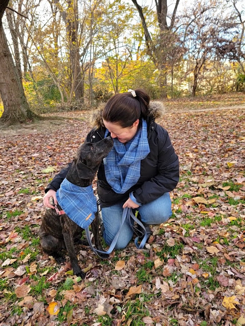Chesney (Chewie) and his mom wearing matching scarves dog with mom wearing matching scarves