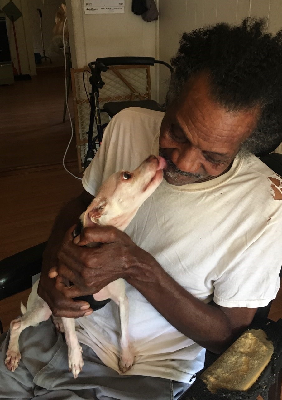 Mr. N holding Melanie senior man holding senior dog