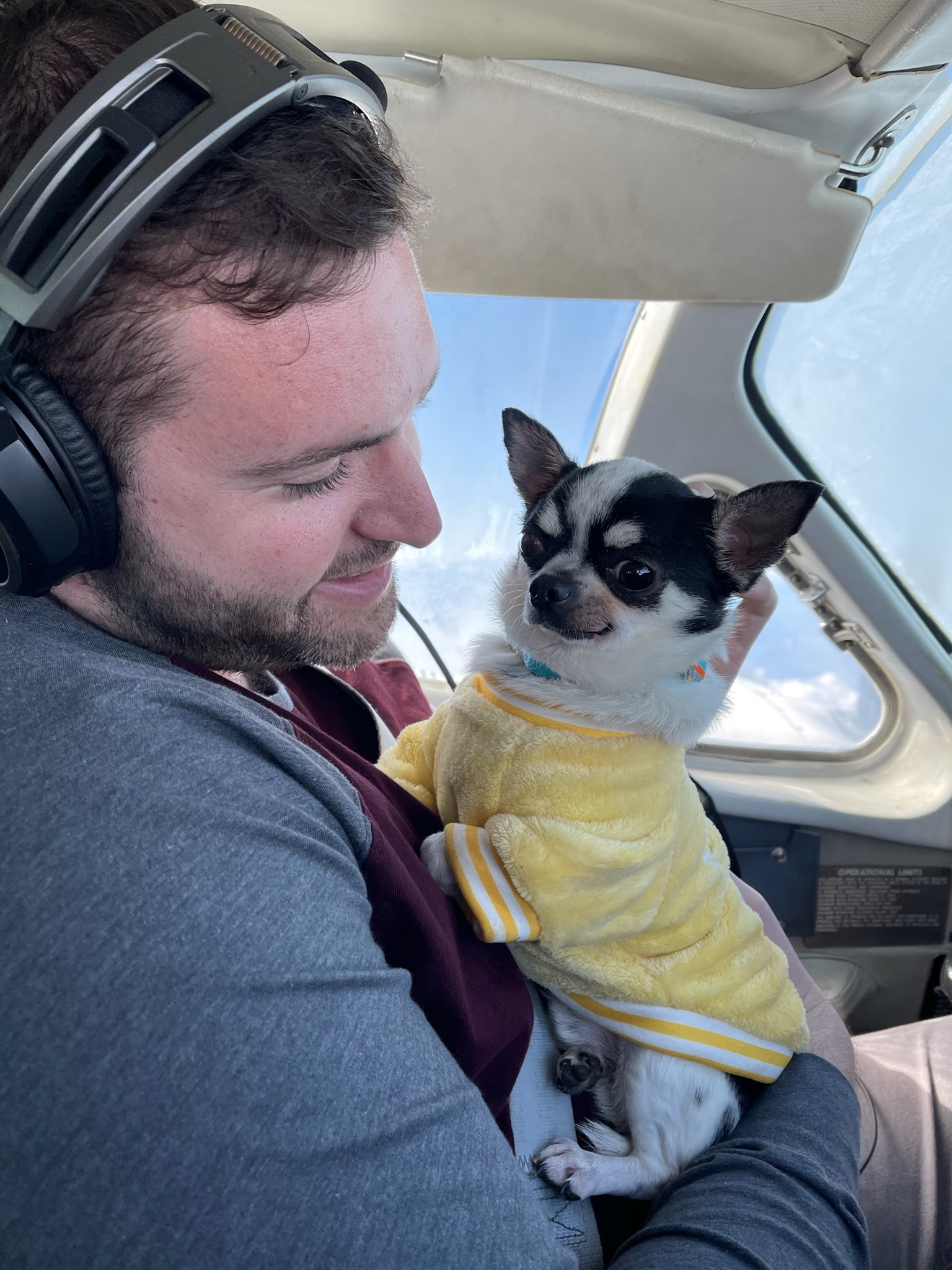 Nell and pilot in the cockpit small white dog and man in airplane cockpit