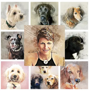 Collage featuring Bev Evans and several painted dogs Collage featuring Bev Evans and several painted dogs