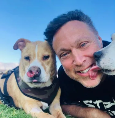 Michael and Toretto in the grass pit bull dog and man laying in grass