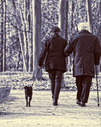 Elderly couple walking their dog