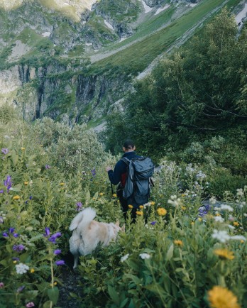 Man hiking with dog