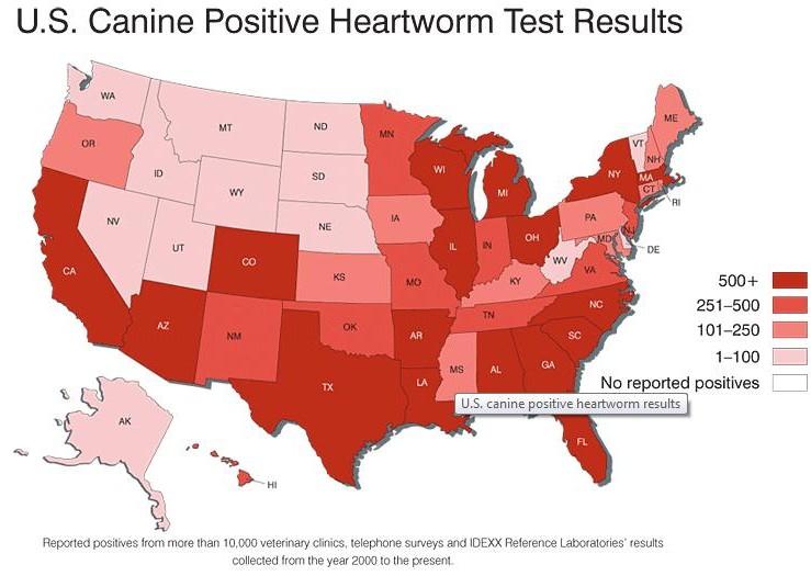 Shaded map of US showing heartworm prevalence